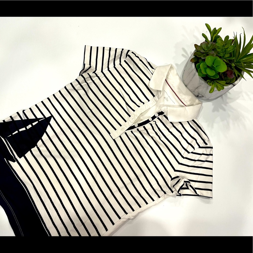 Tommy Hilfiger White and Navy Striped Short Sleeve Polo